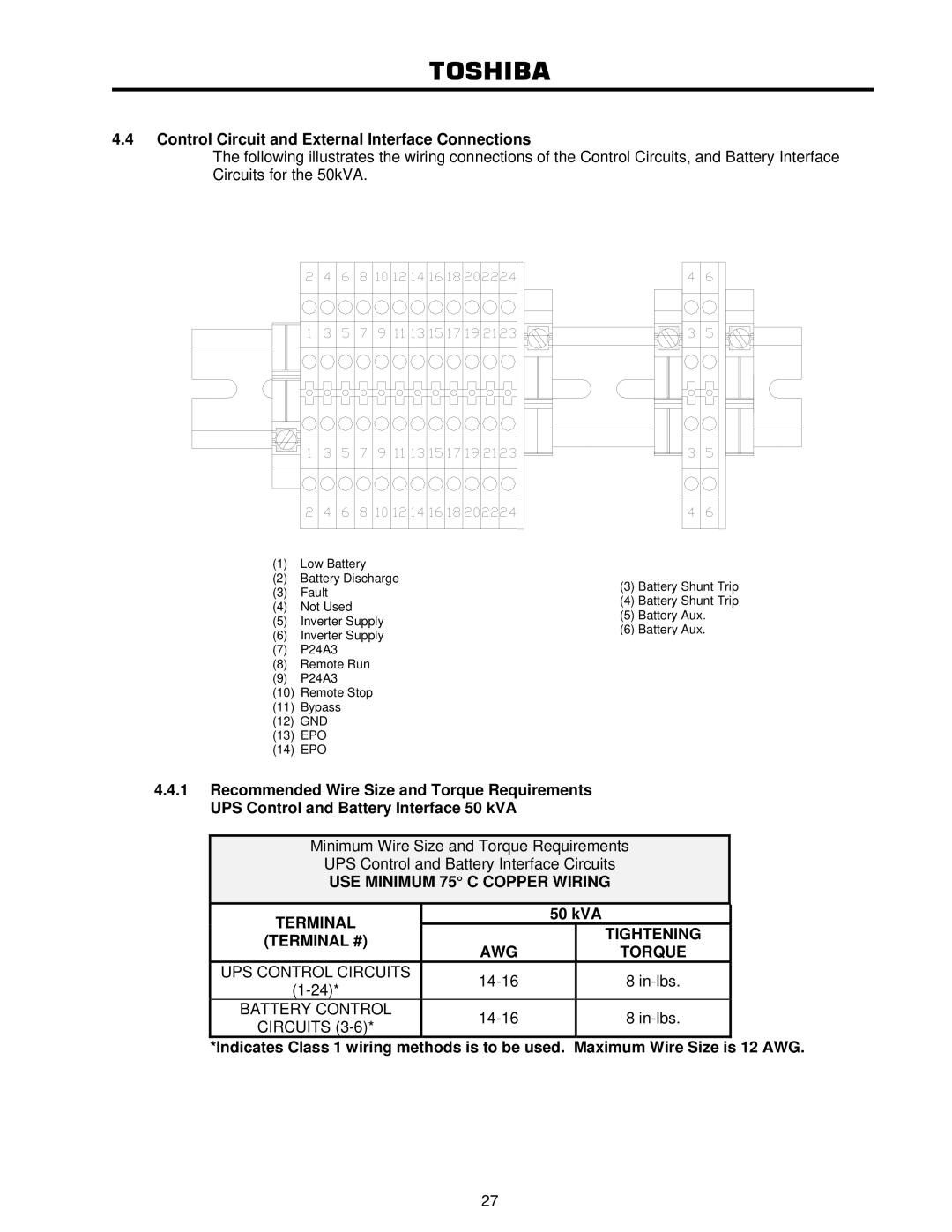 Toshiba 4200FA user manual Control Circuit and External Interface Connections, Terminal # AWG Torque 