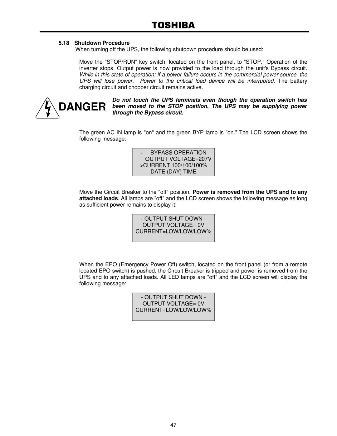 Toshiba 4200FA user manual Shutdown Procedure, Output Shut Down Output VOLTAGE= 0V CURRENT=LOW/LOW/LOW% 