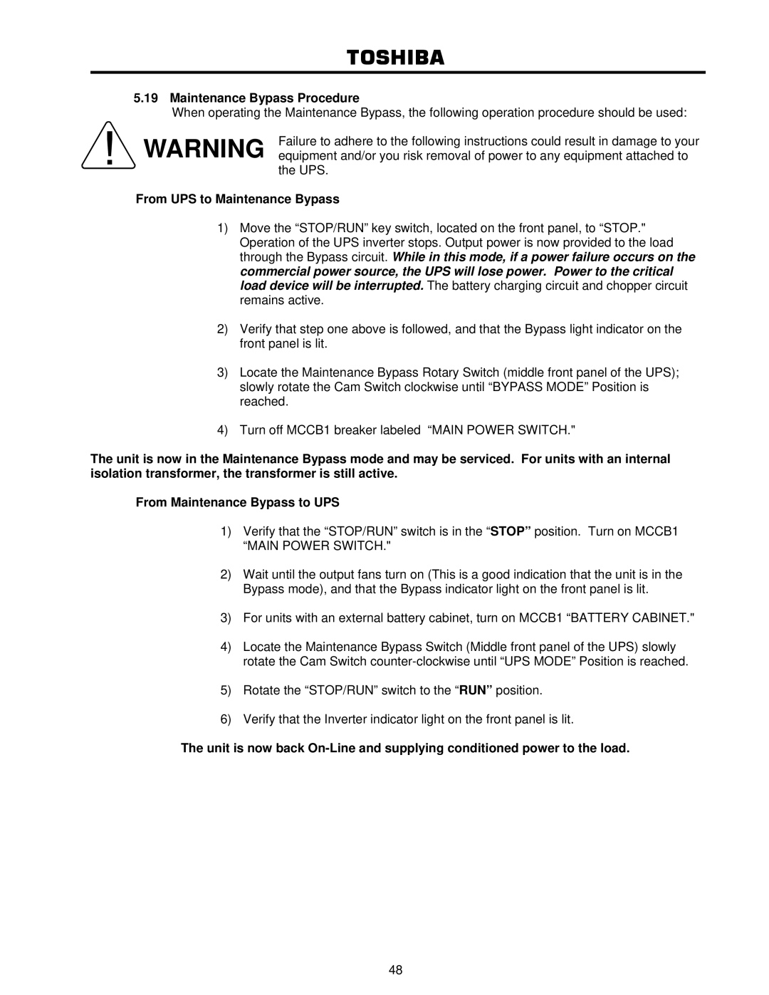 Toshiba 4200FA user manual Maintenance Bypass Procedure, From UPS to Maintenance Bypass 