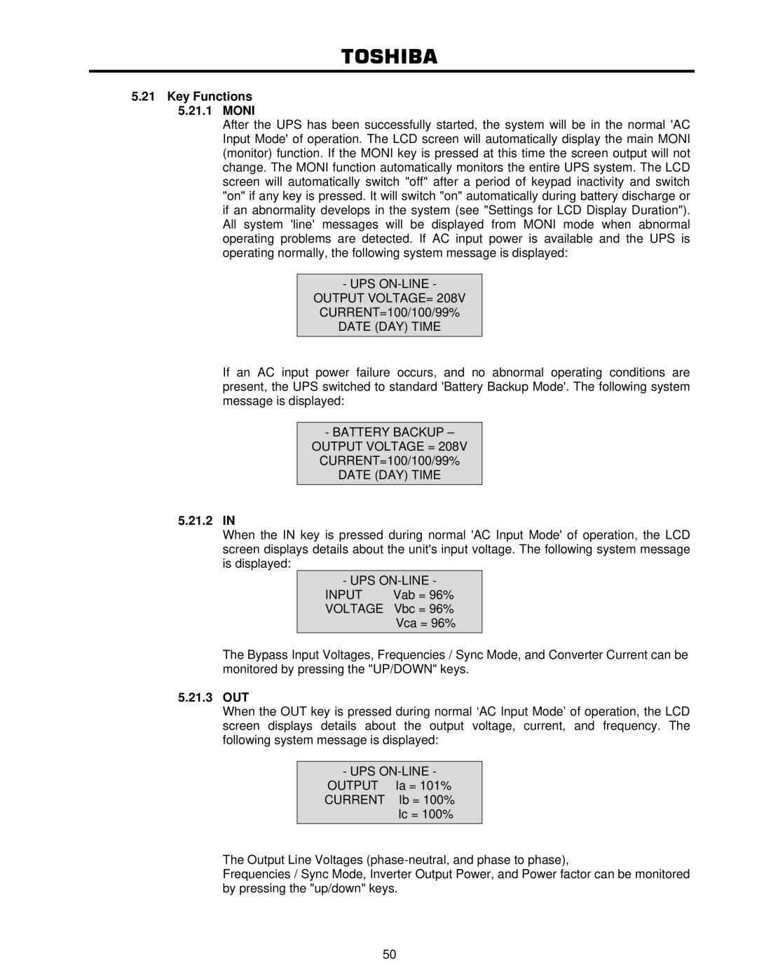 Toshiba 4200FA user manual Key Functions Moni, 21.2, 21.3 OUT 