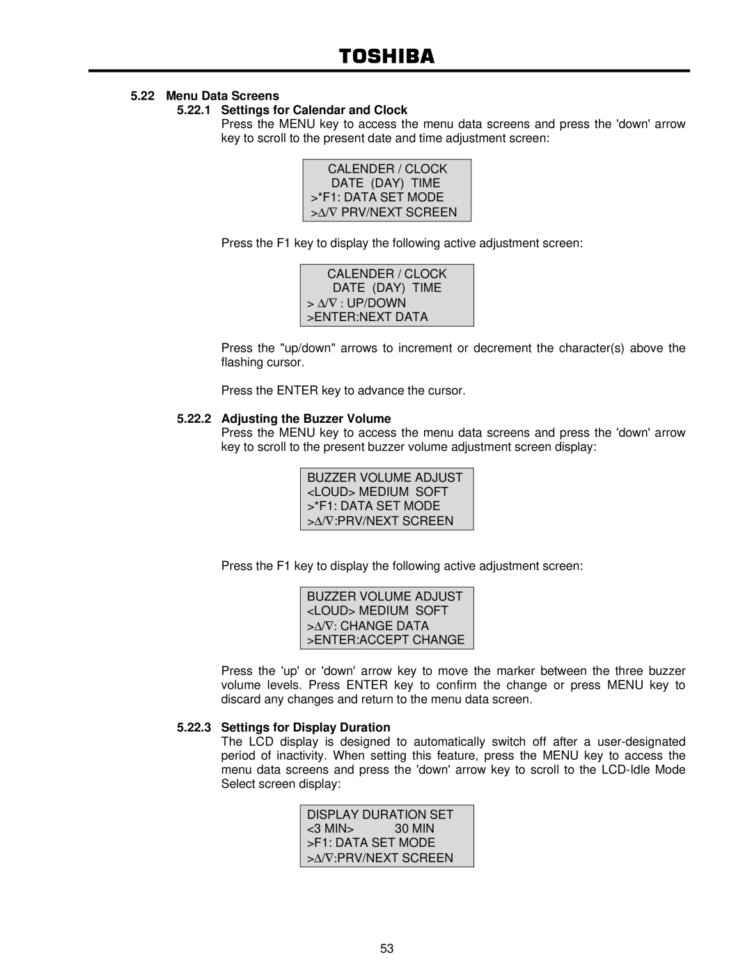 Toshiba 4200FA user manual Menu Data Screens Settings for Calendar and Clock, Adjusting the Buzzer Volume 