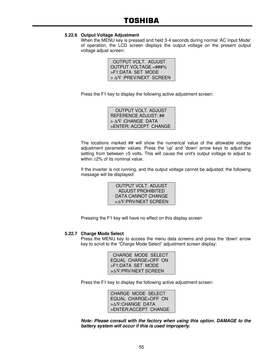 Toshiba 4200FA user manual Output Voltage Adjustment, Charge Mode Select 