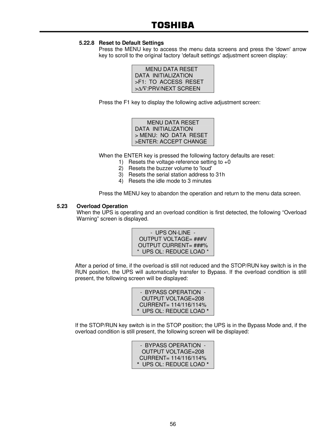 Toshiba 4200FA user manual Reset to Default Settings, Overload Operation 