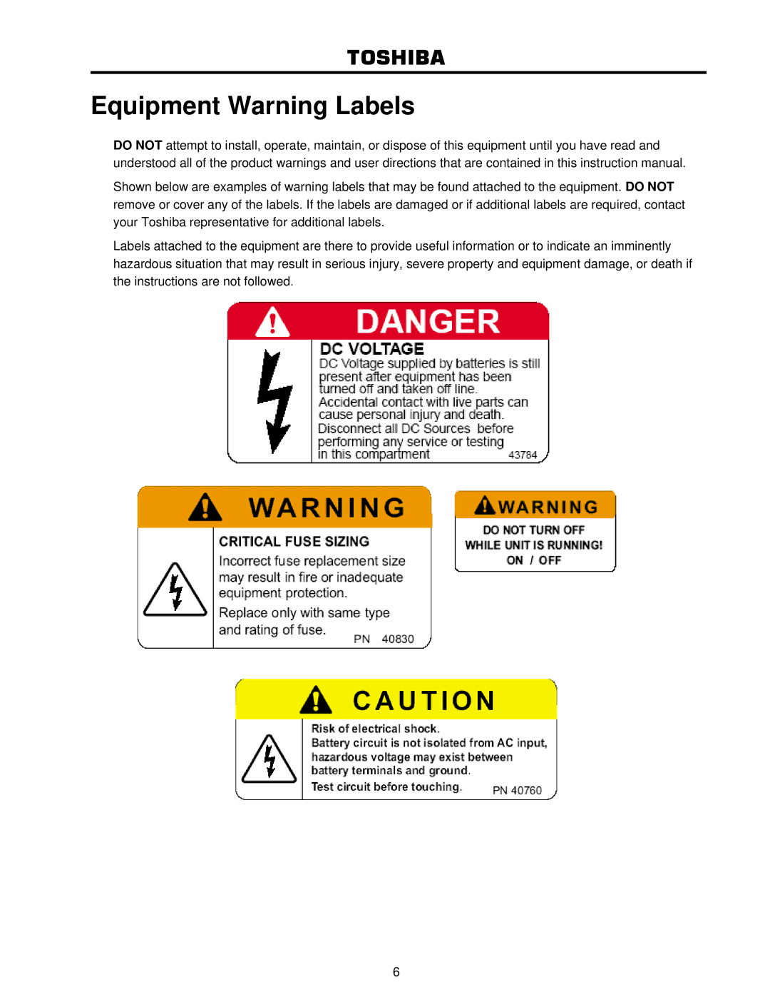 Toshiba 4200FA user manual Equipment Warning Labels 