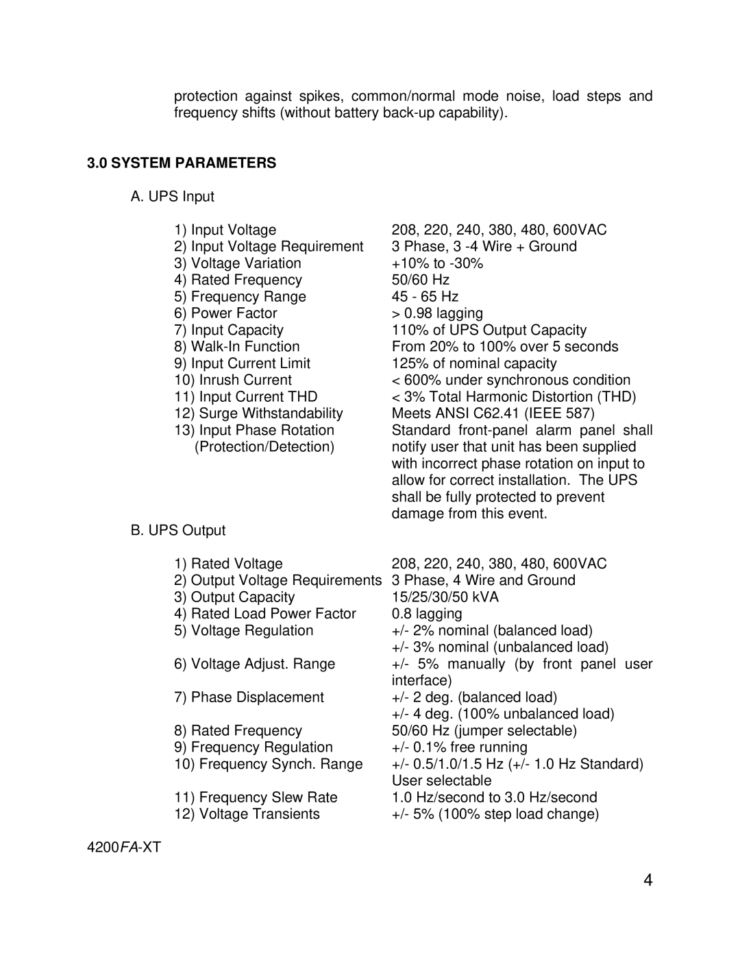 Toshiba 4200FA specifications System Parameters A. UPS Input 