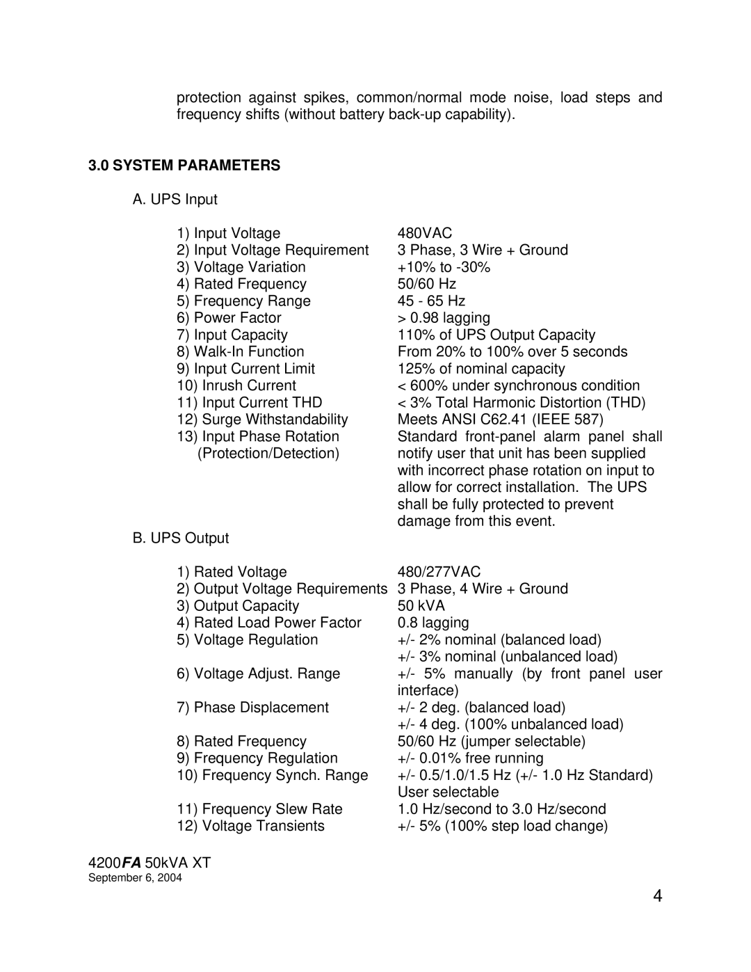 Toshiba 4200FA specifications System Parameters A. UPS Input 