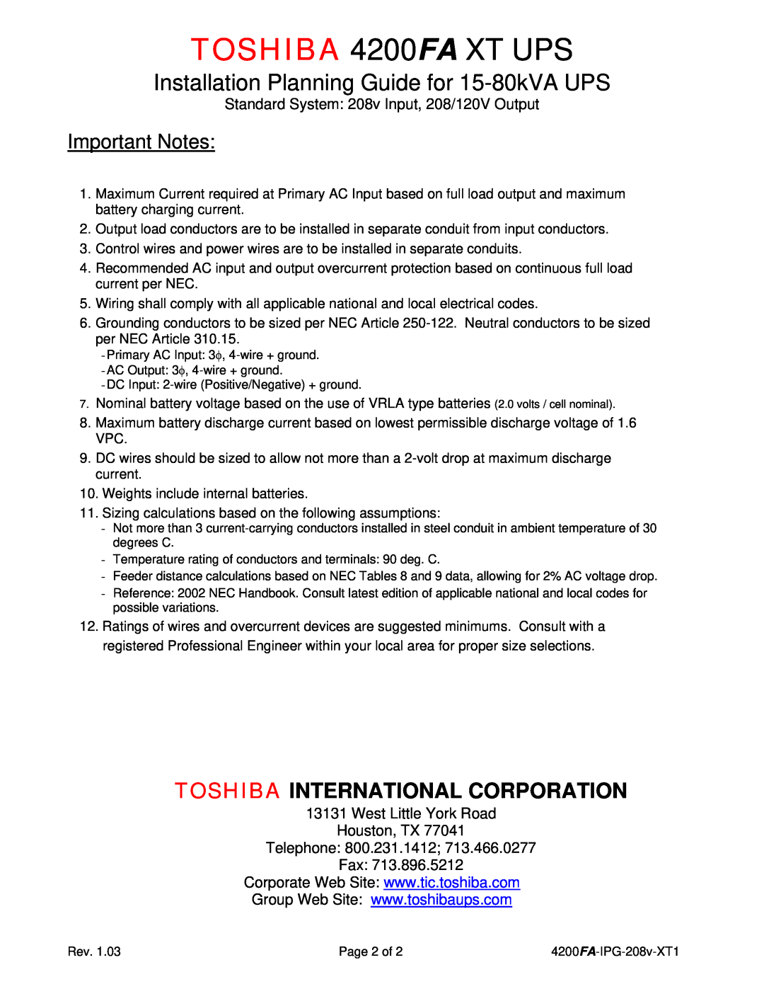 Toshiba dimensions West Little York Road Houston, TX Telephone 800.231.1412, TOSHIBA 4200FA XT UPS, Important Notes 