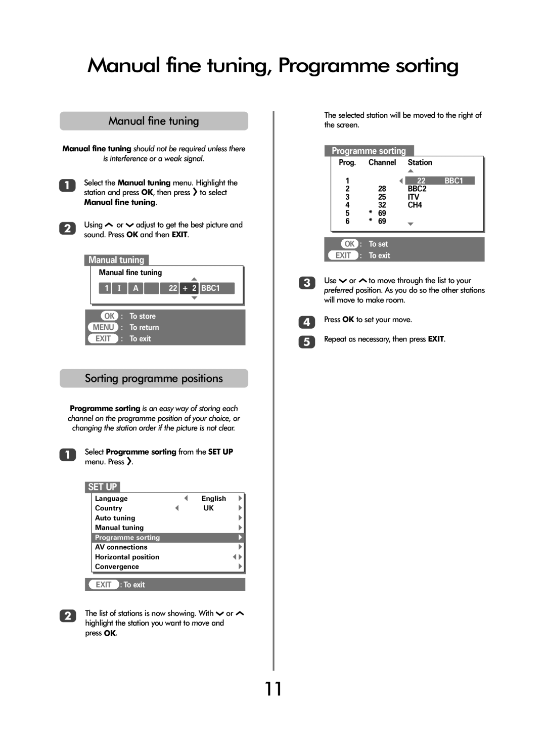 Toshiba 42/51WH46 owner manual Manual fine tuning, Programme sorting, Sorting programme positions 