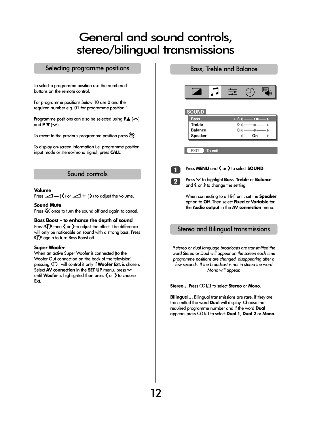 Toshiba 42/51WH46 owner manual General and sound controls, stereo/bilingual transmissions, Selecting programme positions 