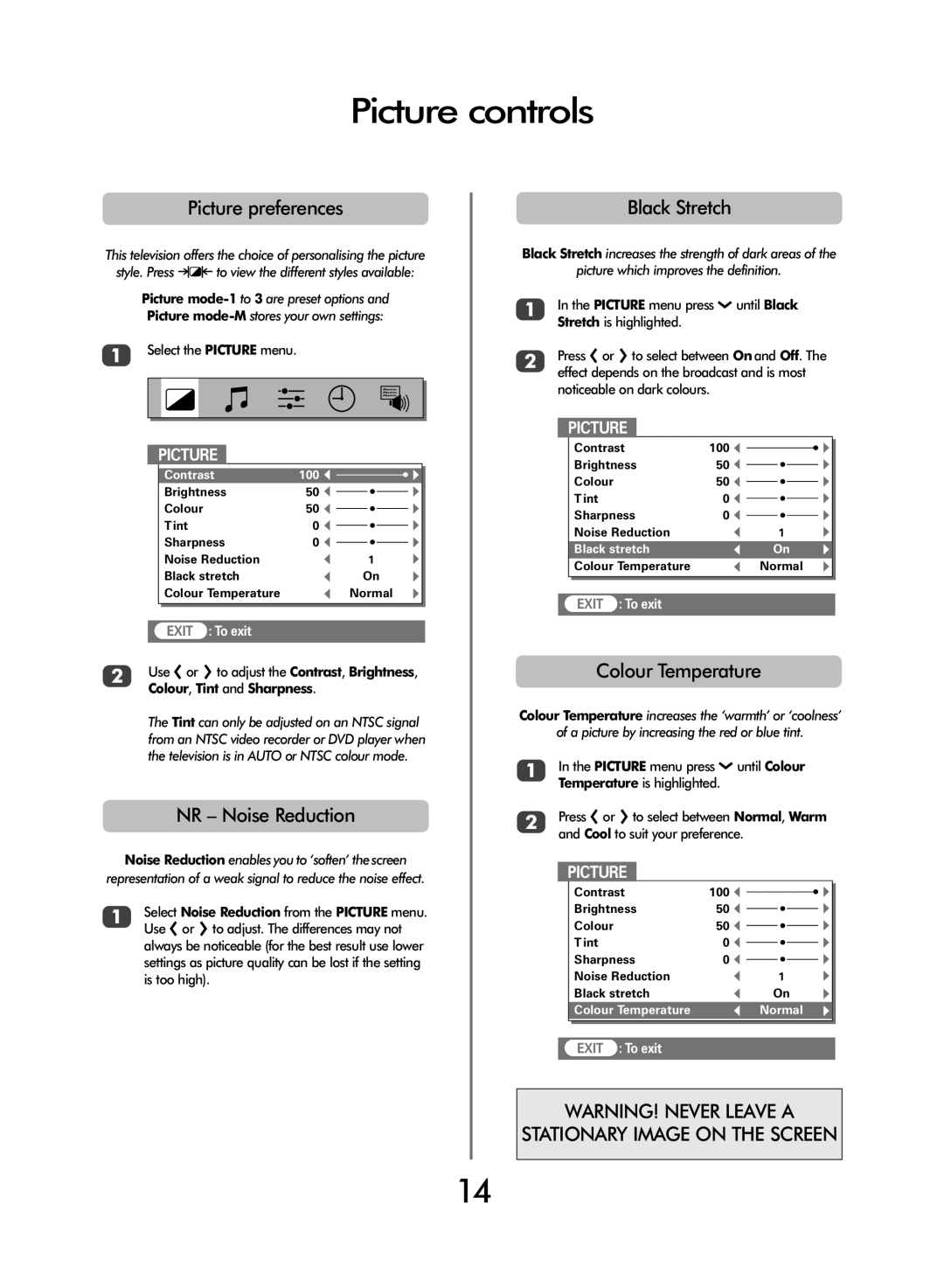 Toshiba 42/51WH46 owner manual Picture controls, Picture preferences, Black Stretch, NR Noise Reduction, Colour Temperature 