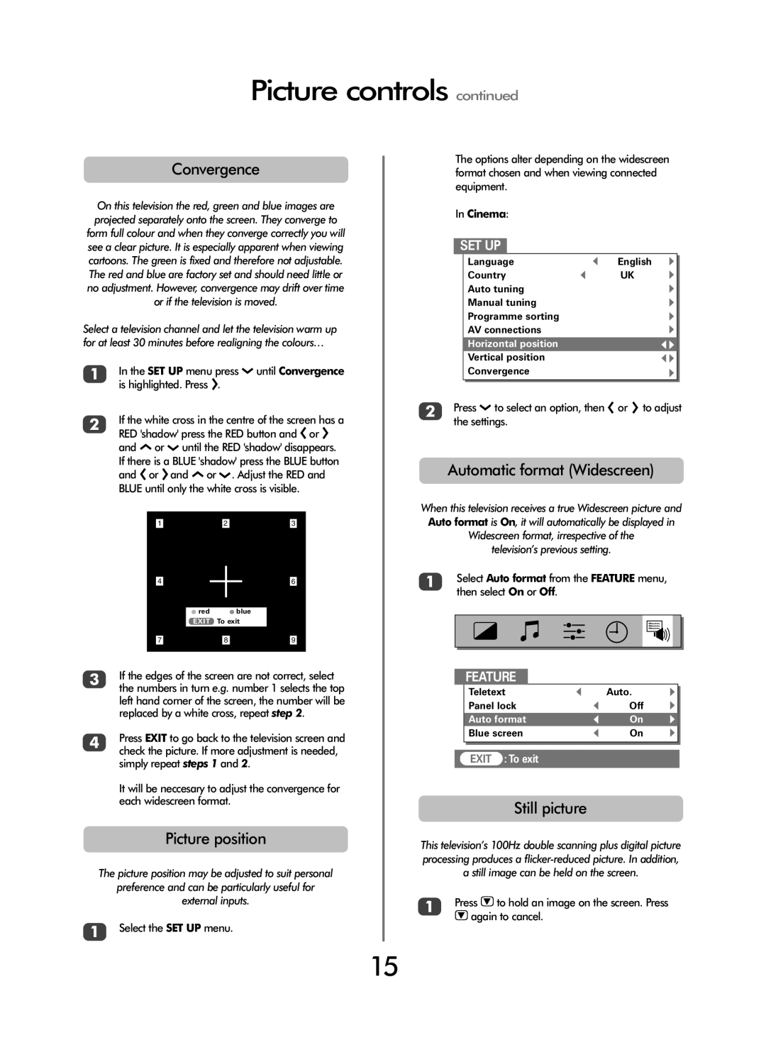 Toshiba 42/51WH46 owner manual Convergence, Picture position, Automatic format Widescreen, Still picture, Cinema 