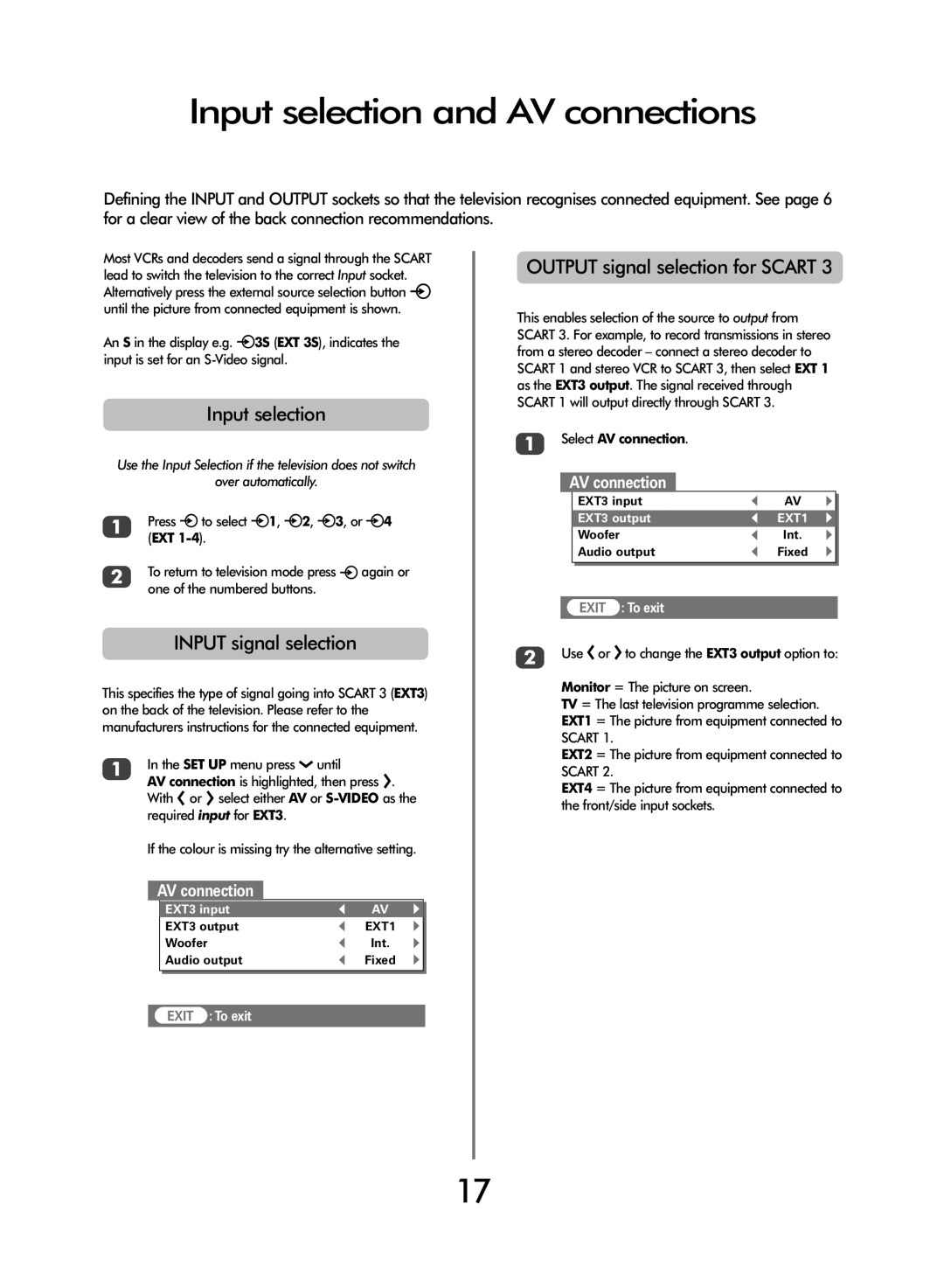 Toshiba 42/51WH46 Input selection and AV connections, Input signal selection, Output signal selection for Scart 