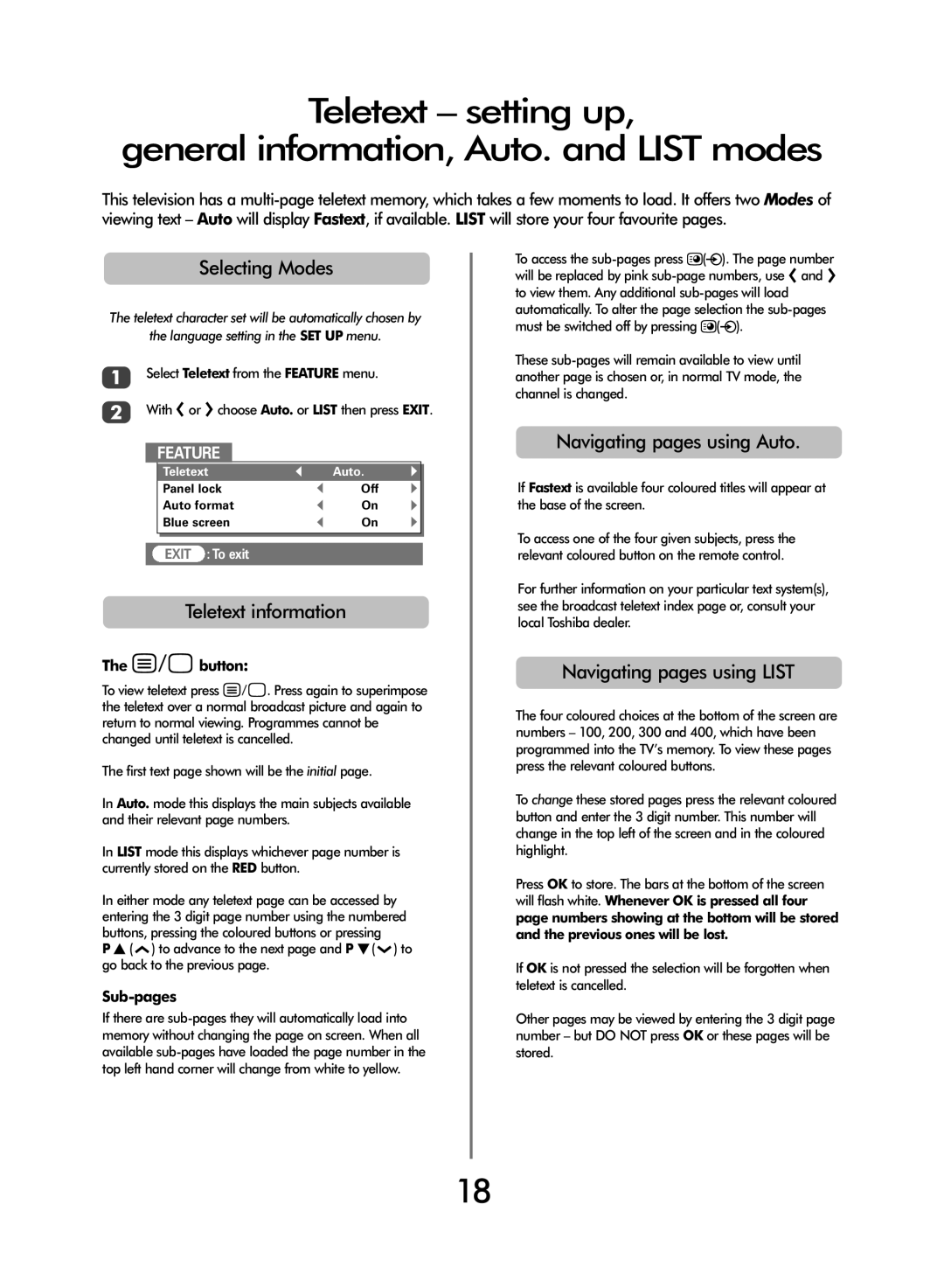 Toshiba 42/51WH46 Selecting Modes, Teletext information, Navigating pages using Auto, Navigating pages using List 