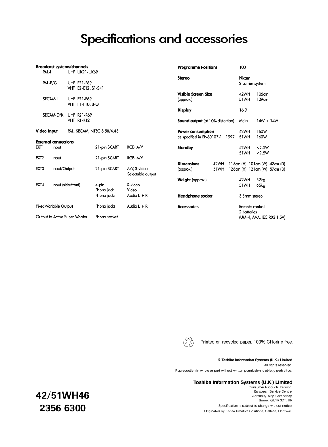 Toshiba 42/51WH46 owner manual Specifications and accessories 