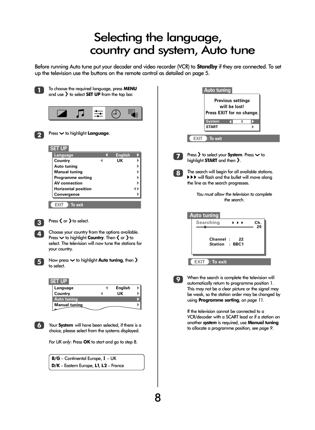 Toshiba 42/51WH46 Selecting the language, country and system, Auto tune, Auto tuning, Press Q to highlight Language 