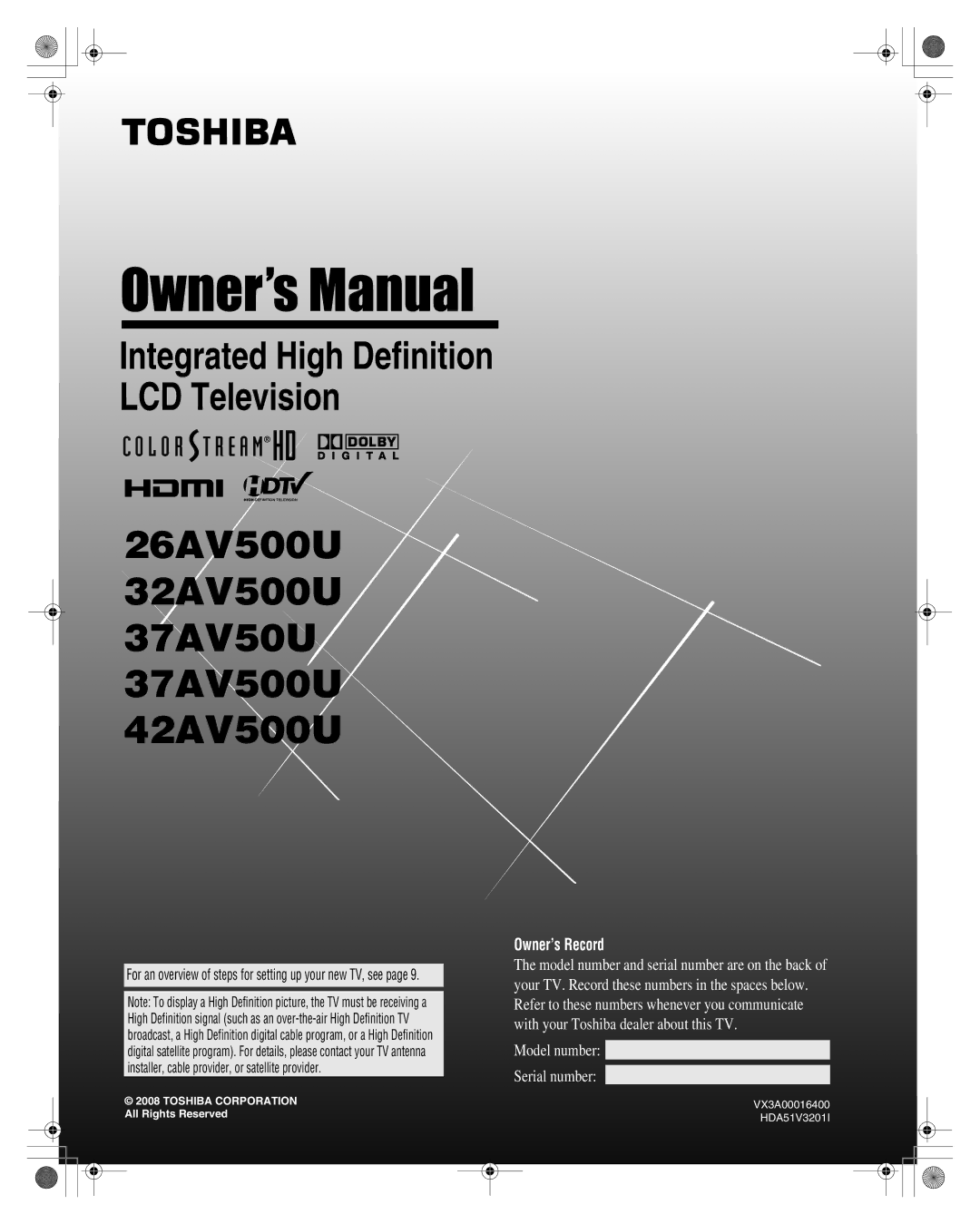 Toshiba manual 26AV500U 32AV500U 37AV50U 37AV500U 42AV500U 