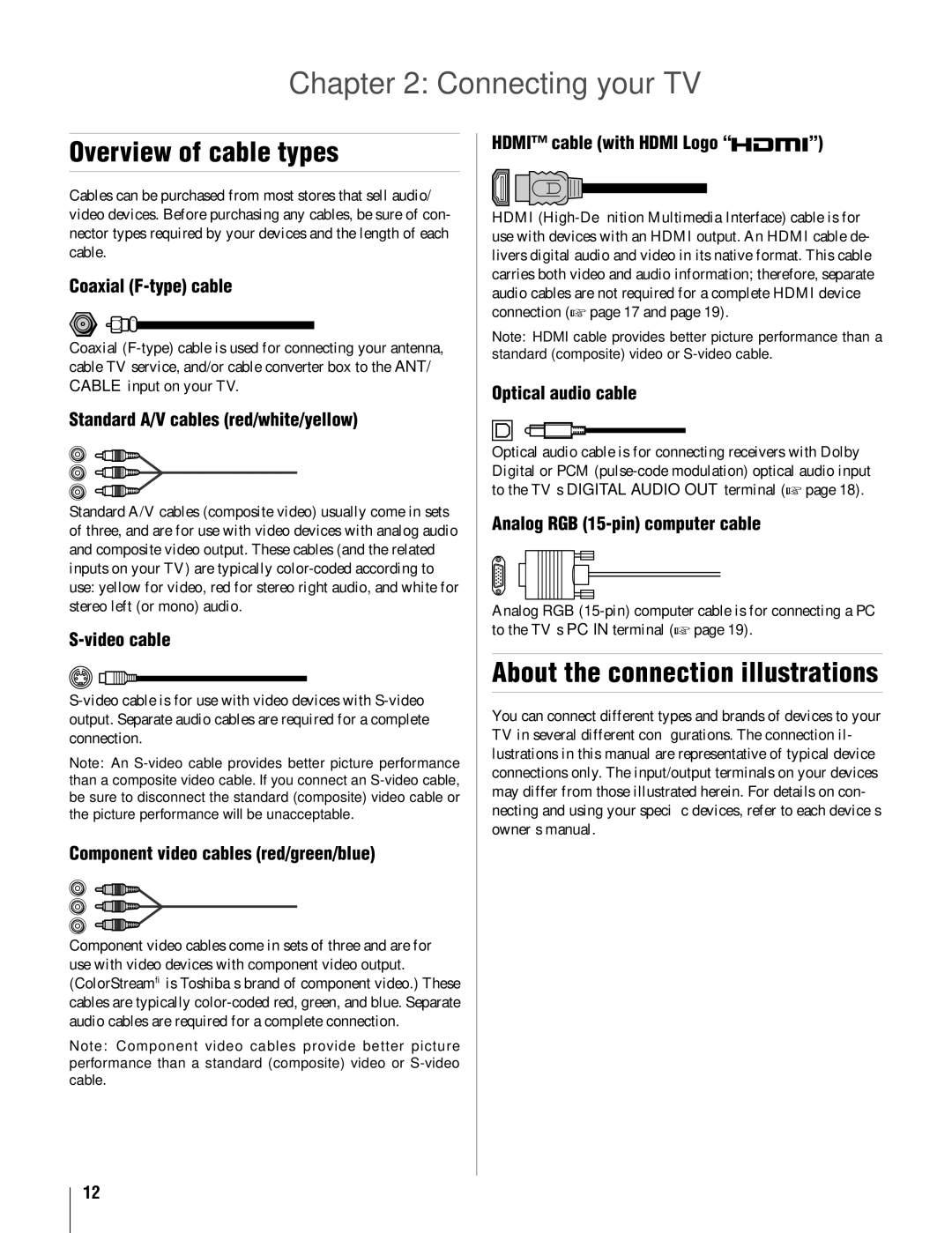 Toshiba 42AV500U, 26AV500U manual Connecting your TV, Overview of cable types, About the connection illustrations 