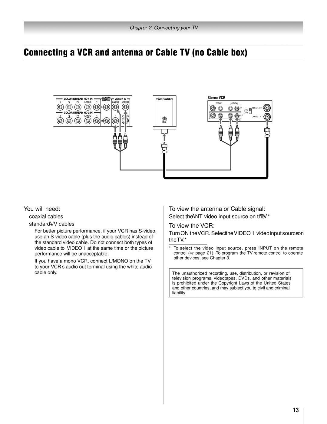 Toshiba 26AV500U Connecting a VCR and antenna or Cable TV no Cable box, You will need, To view the antenna or Cable signal 