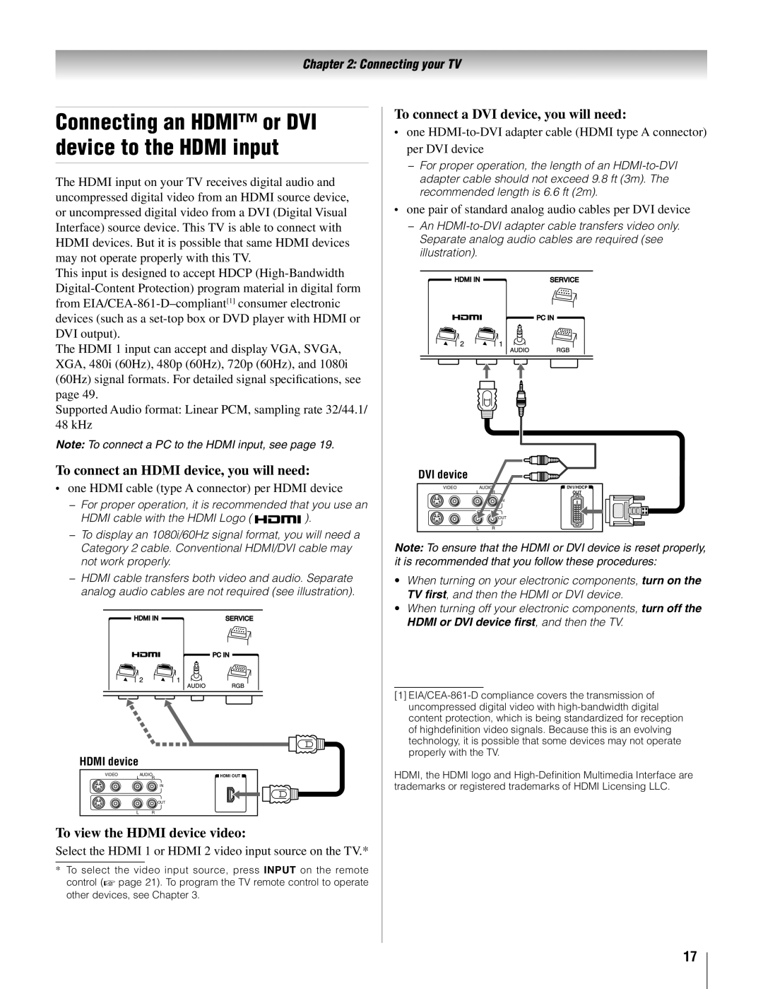 Toshiba 26AV500U, 42AV500U manual To connect an Hdmi device, you will need, To view the Hdmi device video 