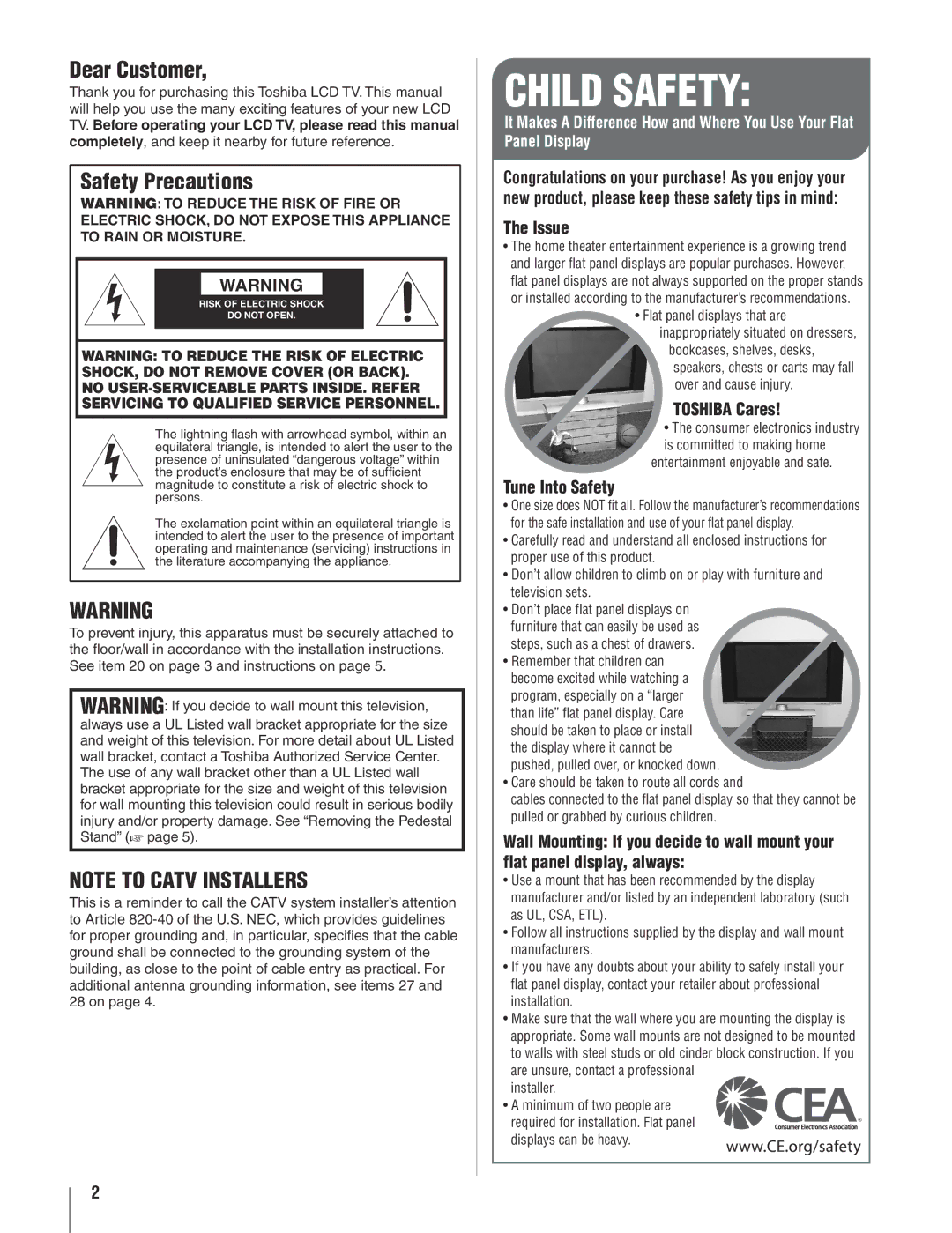 Toshiba 42AV500U, 26AV500U manual Dear Customer, Safety Precautions, Issue, Toshiba Cares, Tune Into Safety 