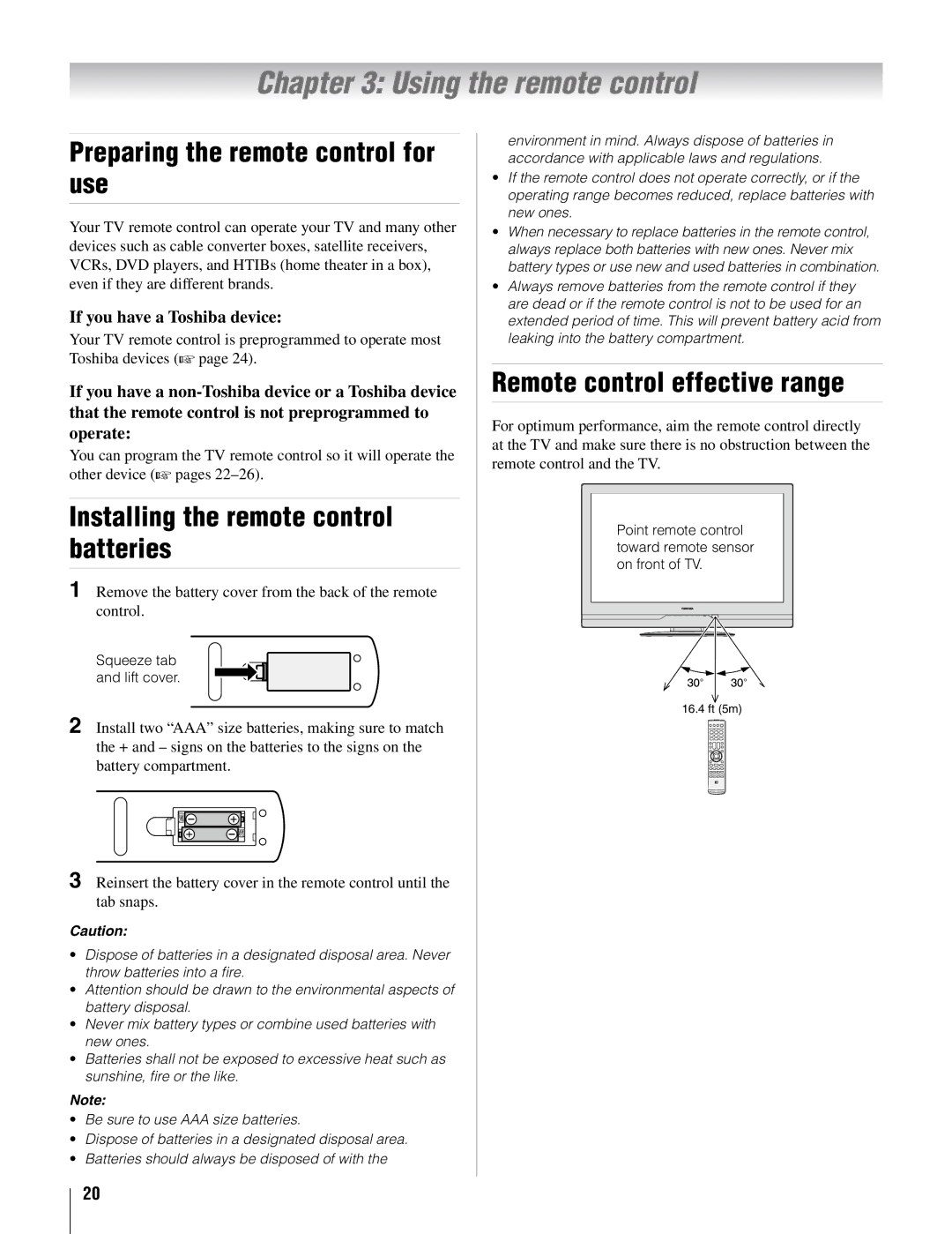 Toshiba 42AV500U, 26AV500U manual Preparing the remote control for use, Installing the remote control batteries 