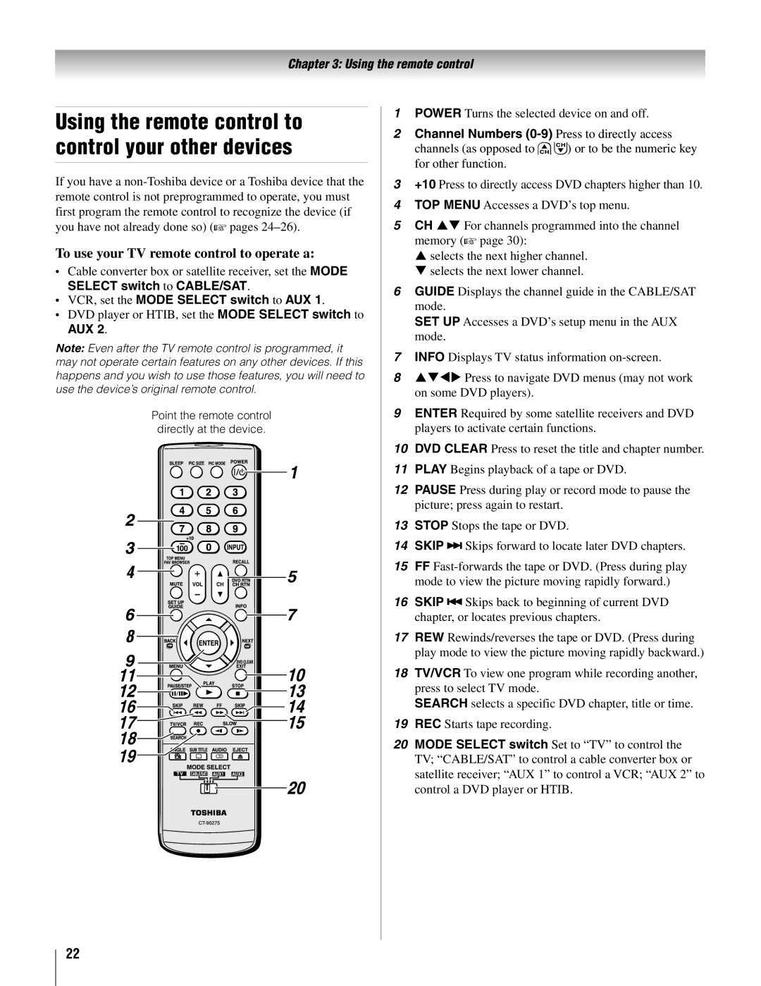 Toshiba 42AV500U, 26AV500U manual To use your TV remote control to operate a, VCR, set the Mode Select switch to AUX, Aux 