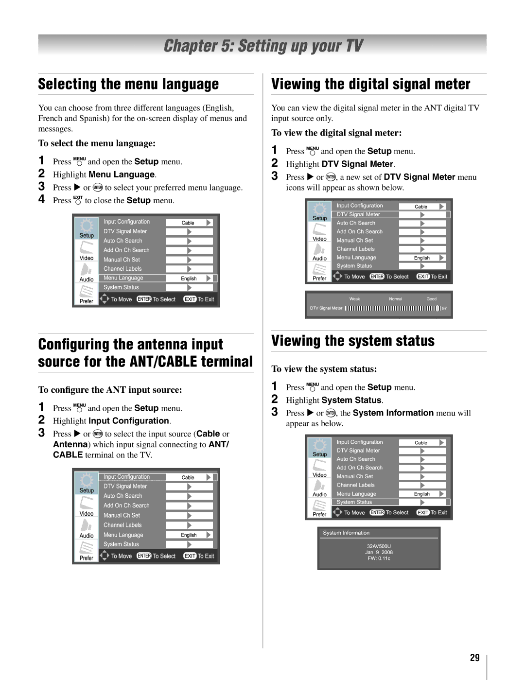 Toshiba 26AV500U, 42AV500U manual Setting up your TV, Selecting the menu language, Viewing the digital signal meter 