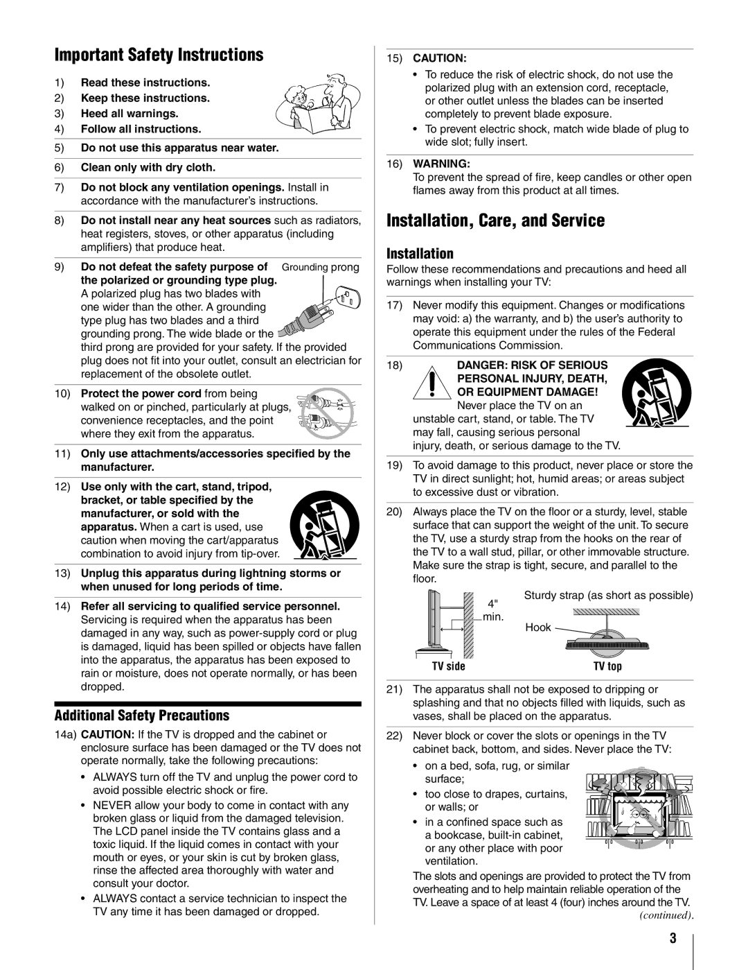 Toshiba 26AV500U, 42AV500U Important Safety Instructions, Installation, Care, and Service, Additional Safety Precautions 