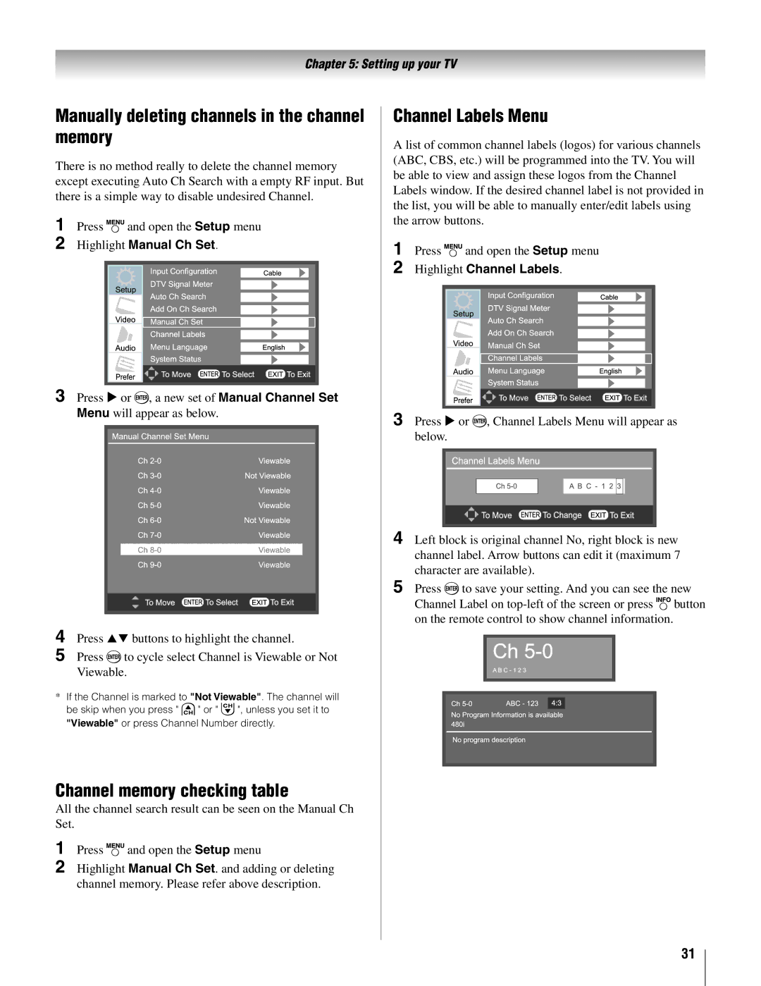 Toshiba 26AV500U Manually deleting channels in the channel memory, Channel memory checking table, Channel Labels Menu 