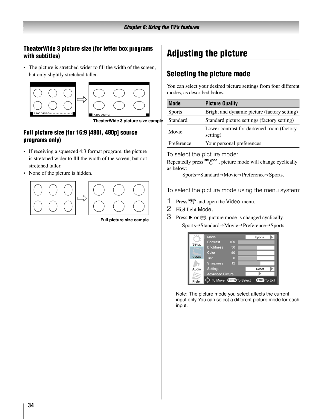 Toshiba 42AV500U, 26AV500U manual Adjusting the picture, Selecting the picture mode, To select the picture mode 