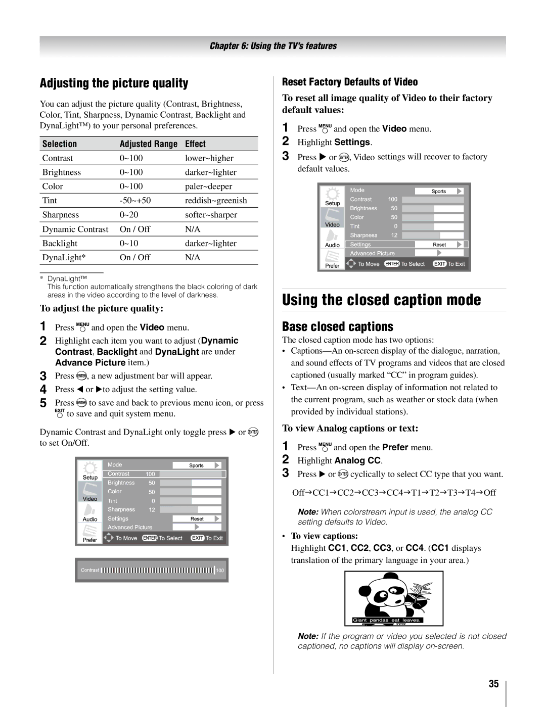 Toshiba 26AV500U, 42AV500U manual Using the closed caption mode, Adjusting the picture quality, Base closed captions 