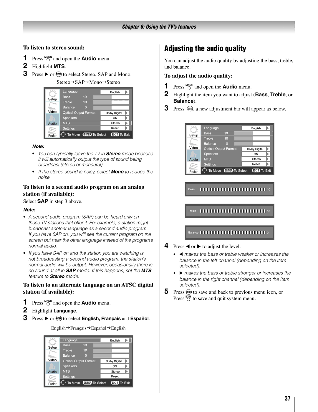 Toshiba 26AV500U manual Adjusting the audio quality, To listen to stereo sound, To adjust the audio quality, Highlight MTS 