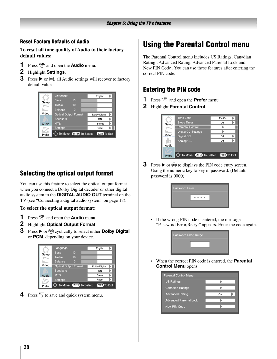 Toshiba 42AV500U, 26AV500U Using the Parental Control menu, Selecting the optical output format, Entering the PIN code 