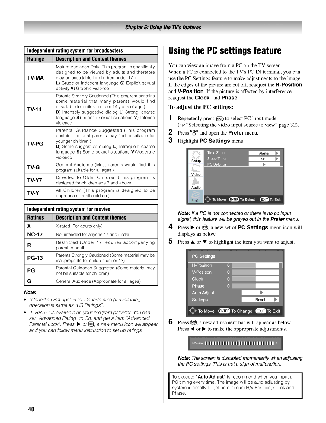 Toshiba 42AV500U, 26AV500U manual Using the PC settings feature, To adjust the PC settings 