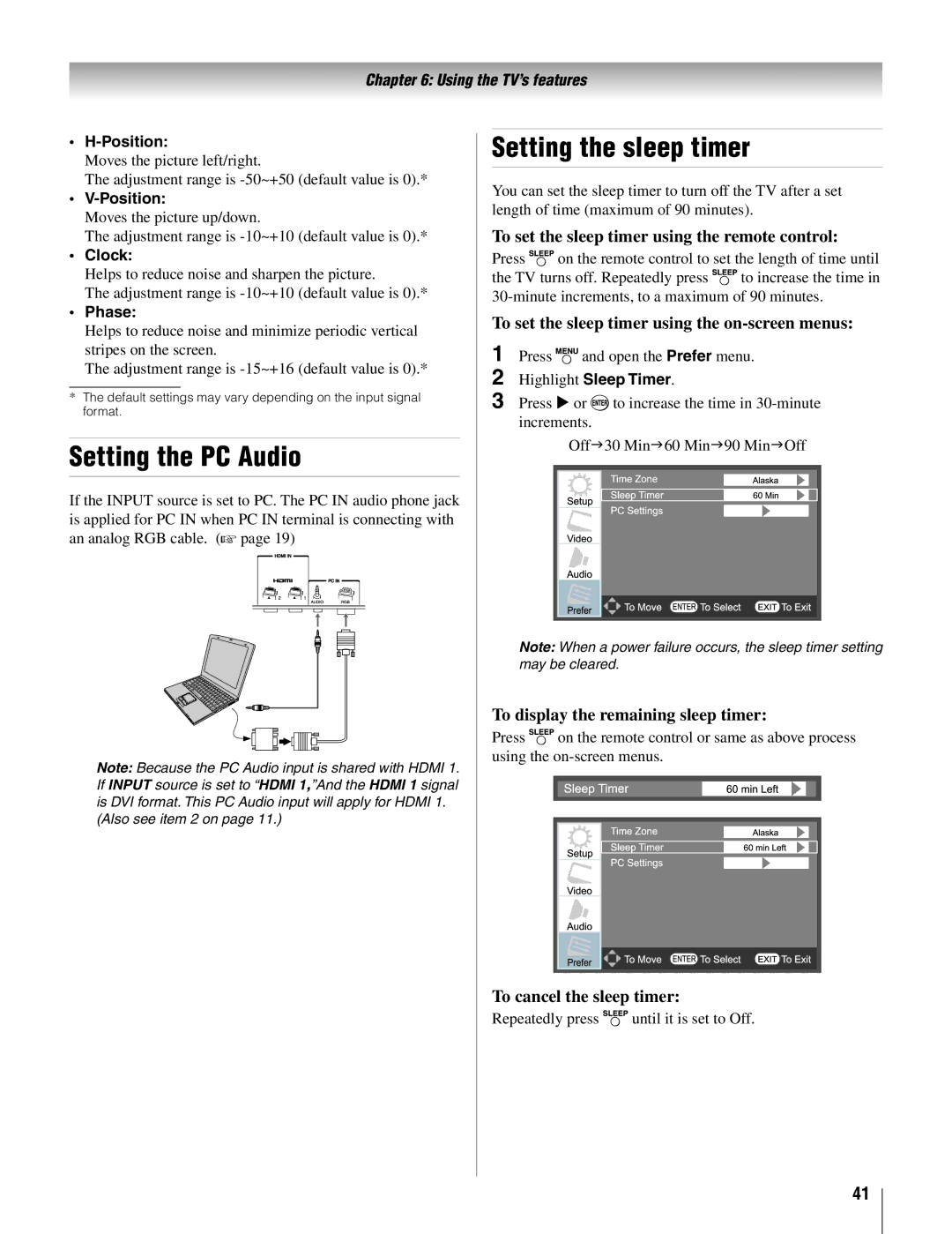 Toshiba 26AV500U, 42AV500U manual Setting the PC Audio, Setting the sleep timer 