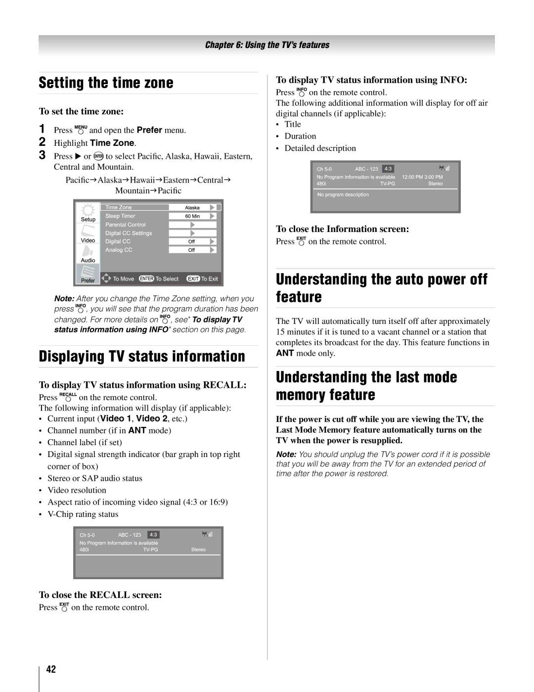 Toshiba 42AV500U, 26AV500U manual Setting the time zone, Understanding the auto power off feature 