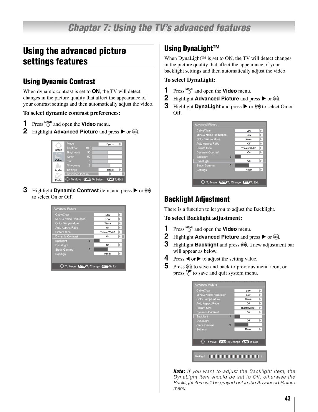 Toshiba 26AV500U, 42AV500U manual Using Dynamic Contrast, Using DynaLight, Backlight Adjustment 