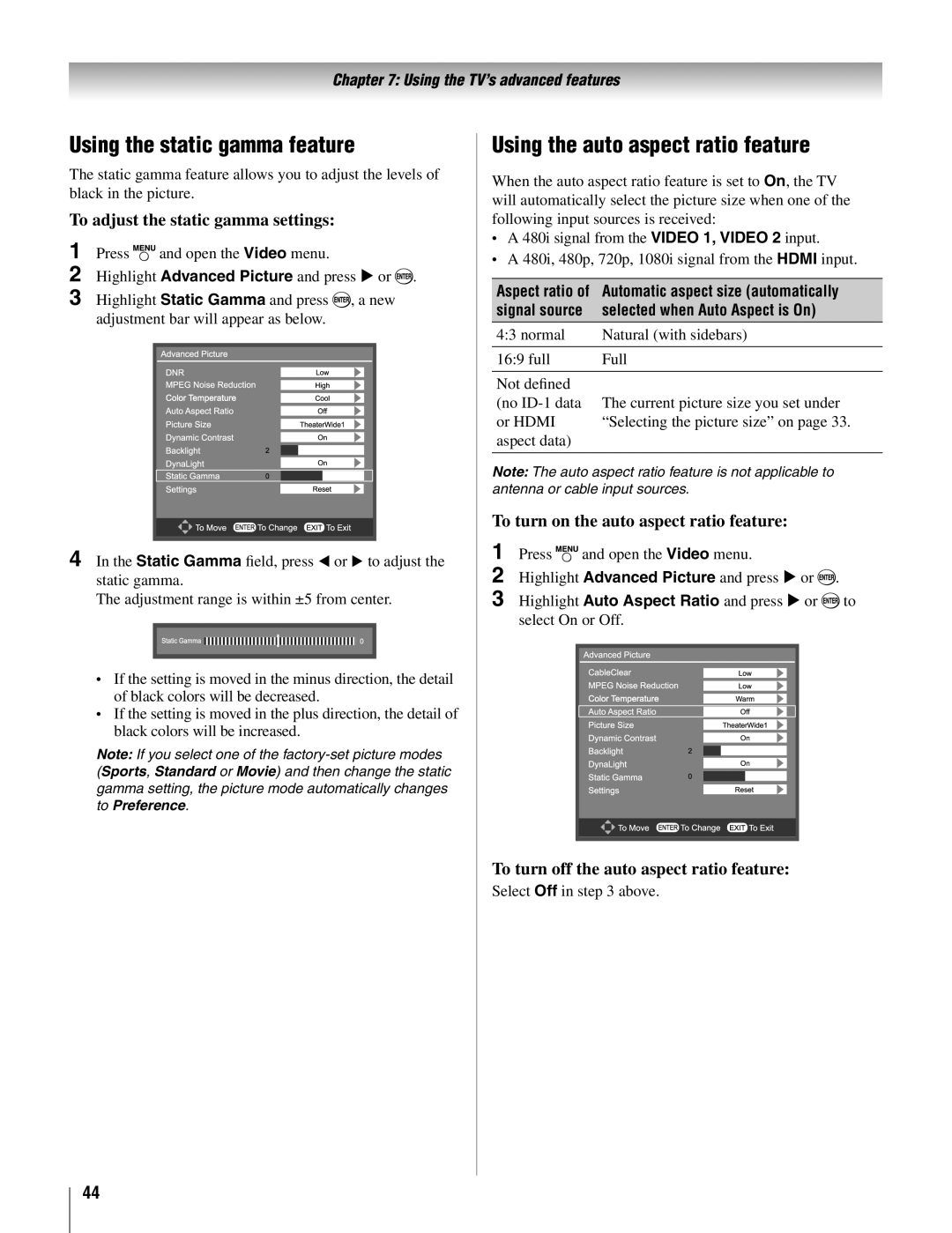 Toshiba 42AV500U Using the static gamma feature, Using the auto aspect ratio feature, To adjust the static gamma settings 