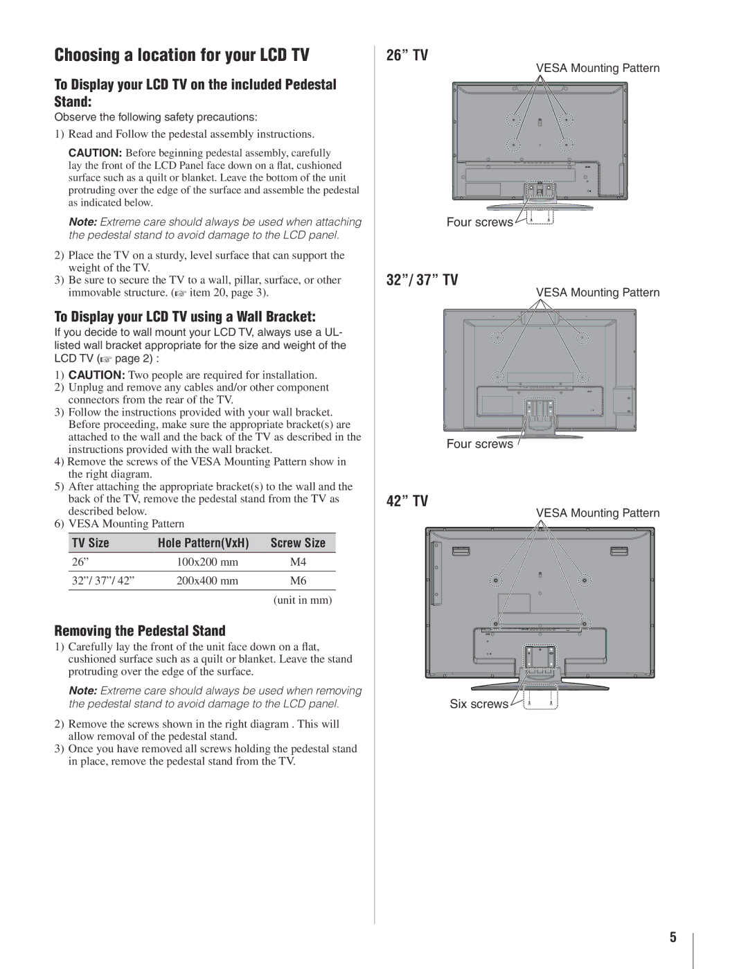 Toshiba 26AV500U, 42AV500U manual Choosing a location for your LCD TV, To Display your LCD TV on the included Pedestal Stand 