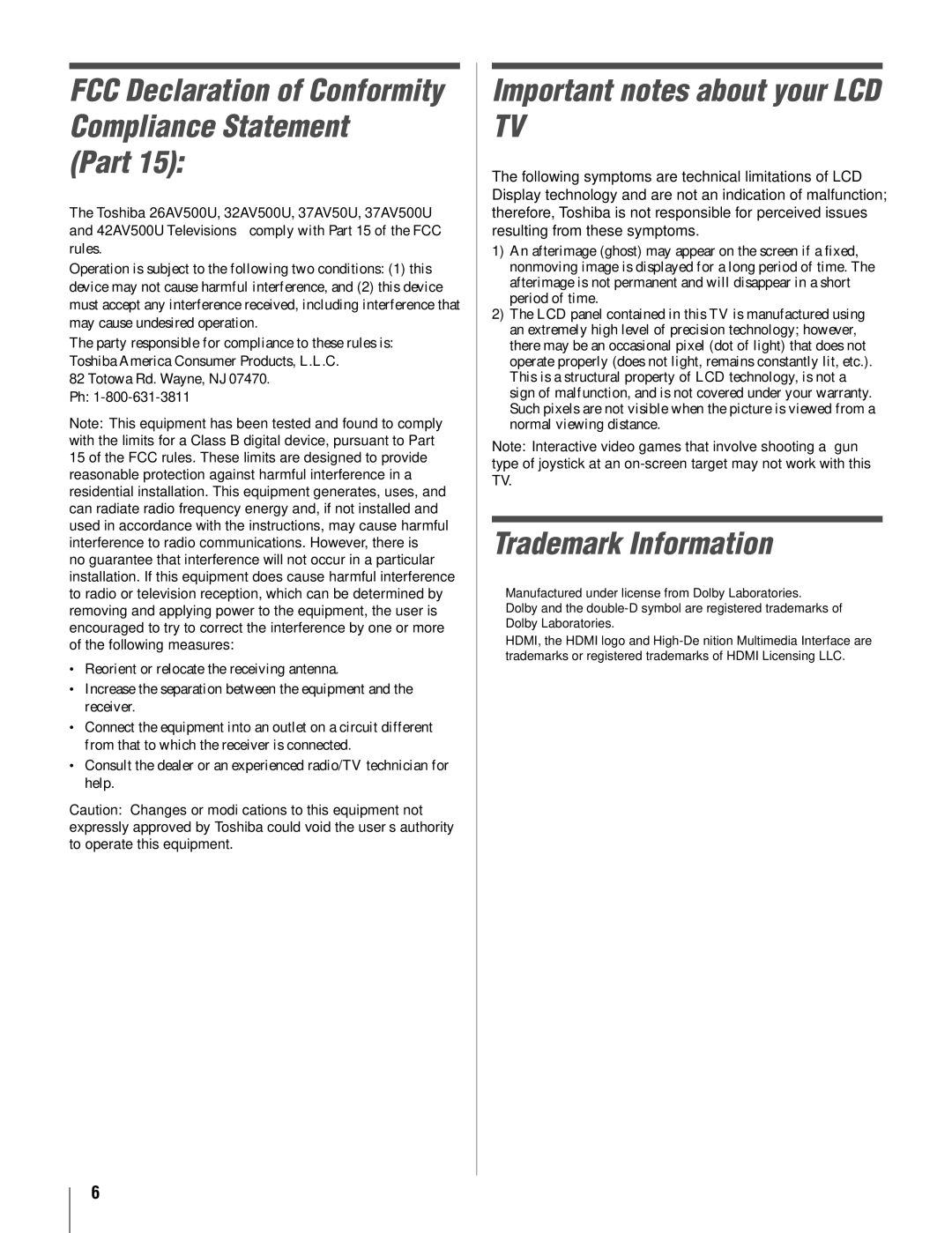 Toshiba 42AV500U, 26AV500U manual Part, Important notes about your LCD TV, Trademark Information 