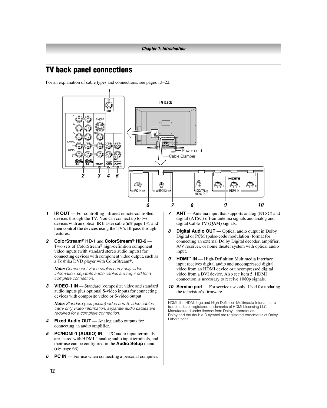 Toshiba 42hl167, 47HL167, 52HL167 manual TV back panel connections, ColorStream HD-1 and ColorStream HD-2 