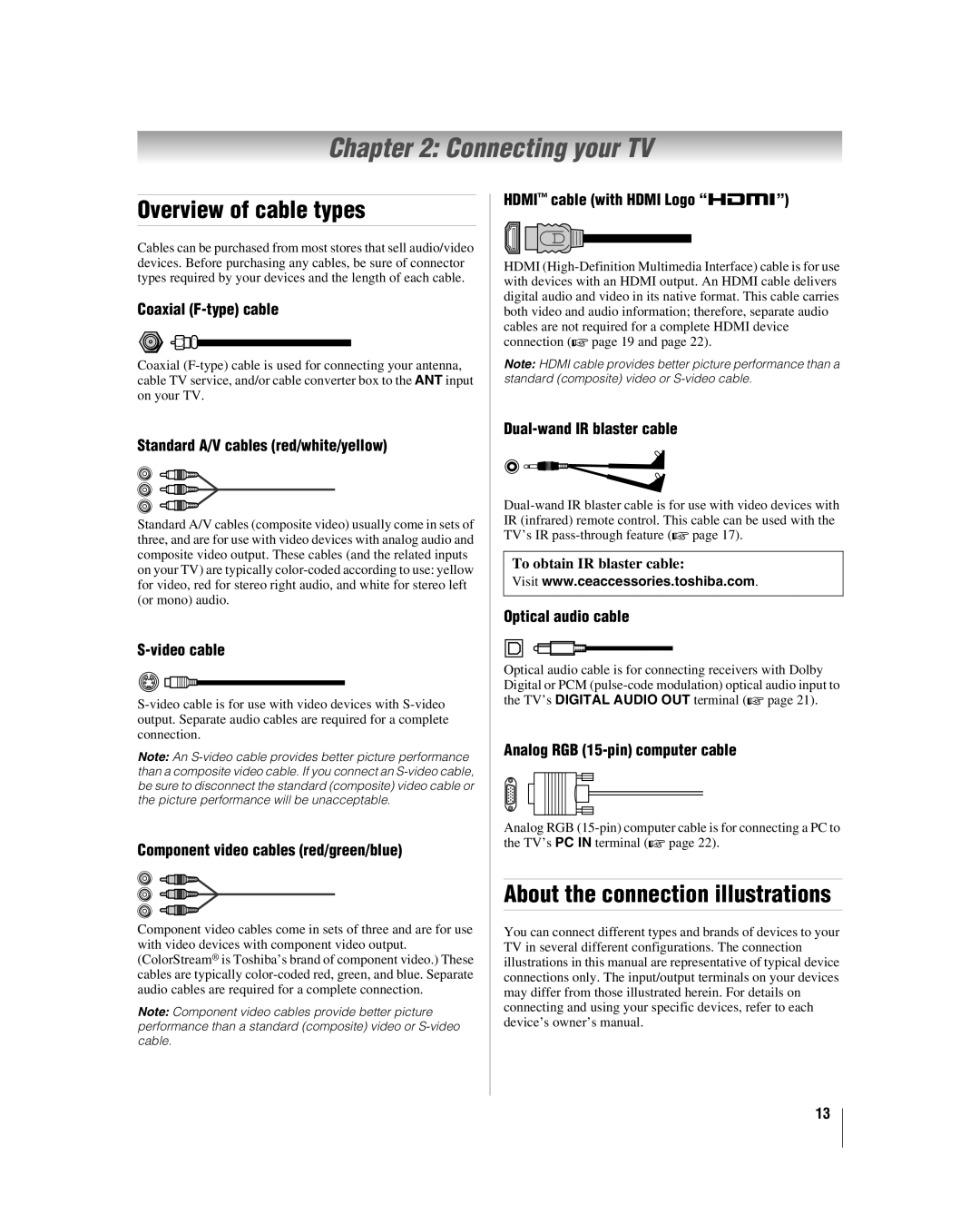 Toshiba 47HL167, 42hl167, 52HL167 manual Connecting your TV, Overview of cable types, About the connection illustrations 