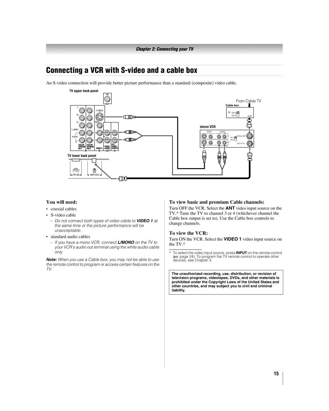 Toshiba 42hl167, 47HL167, 52HL167 Connecting a VCR with S-video and a cable box, To view basic and premium Cable channels 