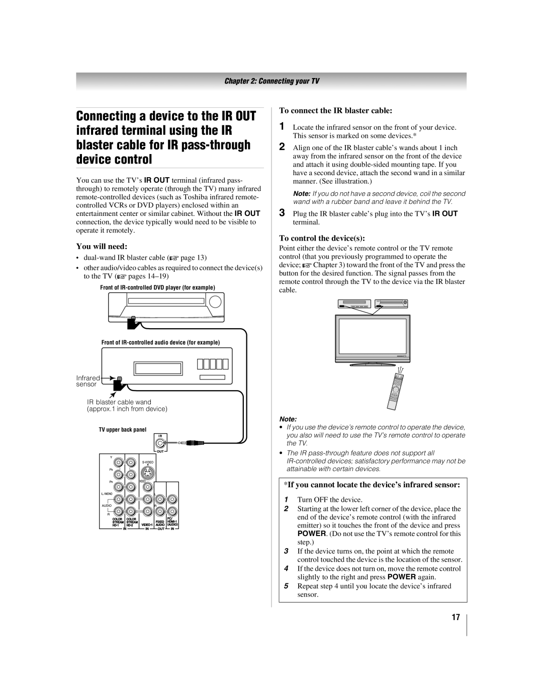 Toshiba 52HL167 To connect the IR blaster cable, To control the devices, If you cannot locate the device’s infrared sensor 