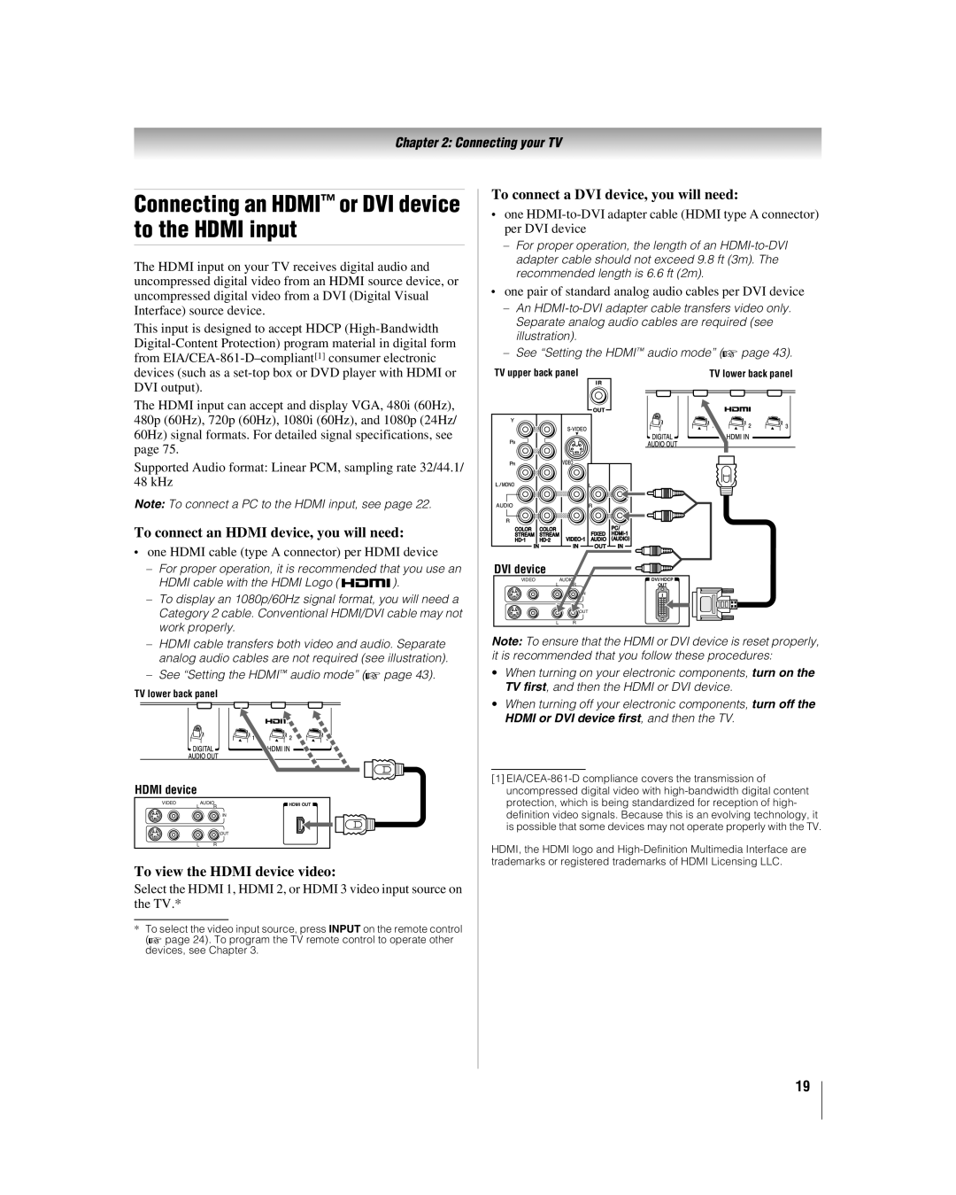 Toshiba 47HL167, 42hl167 manual Connecting an Hdmi or DVI device to the Hdmi input, To connect an Hdmi device, you will need 