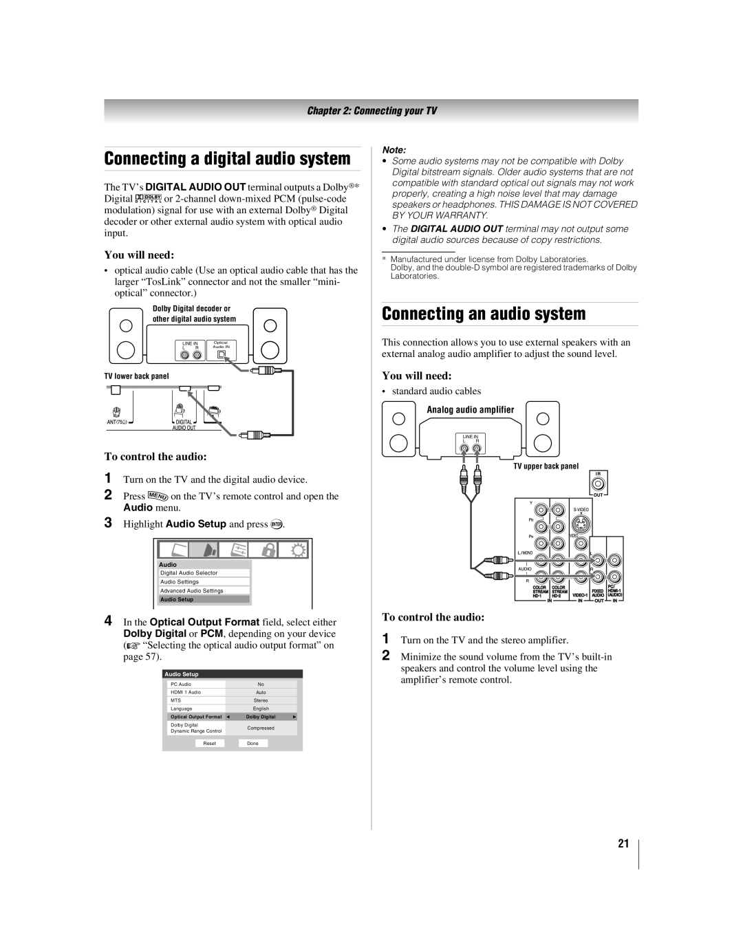 Toshiba 42hl167, 47HL167, 52HL167 manual Connecting an audio system, To control the audio 