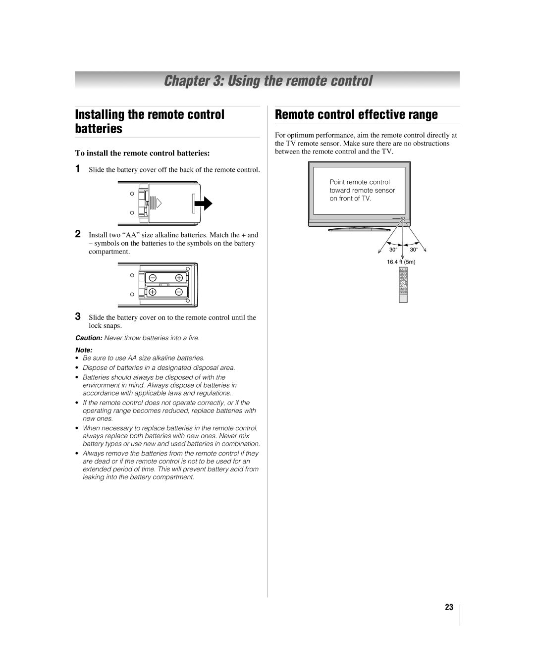 Toshiba 52HL167, 42hl167 Using the remote control, Installing the remote control batteries, Remote control effective range 