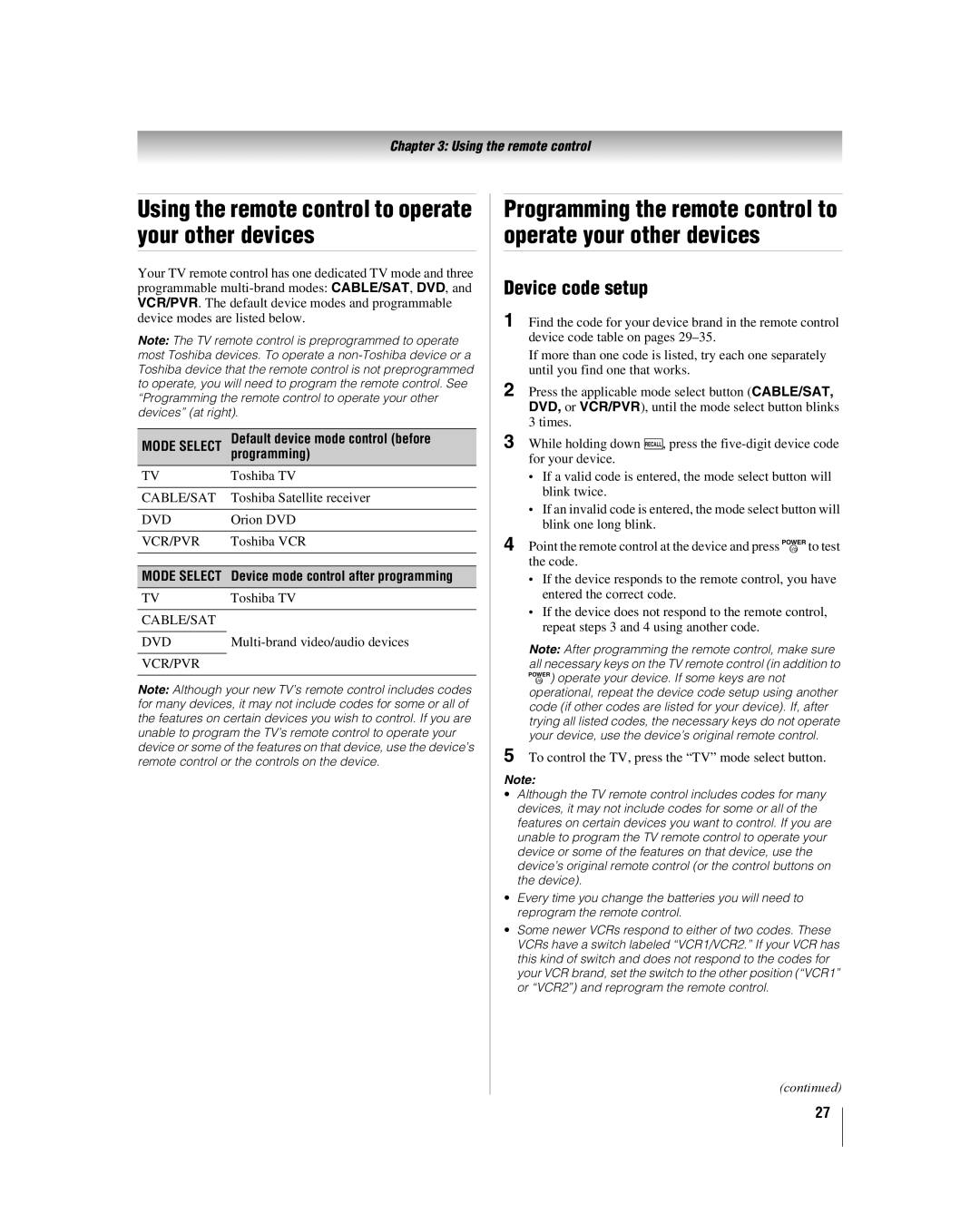 Toshiba 42hl167, 47HL167, 52HL167 manual Using the remote control to operate your other devices, Device code setup 