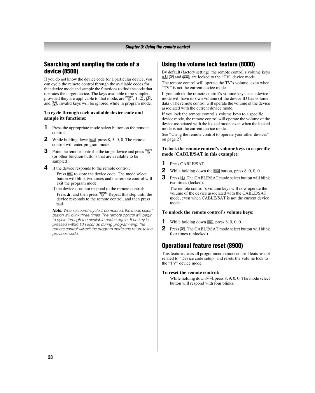 Toshiba 47HL167 Searching and sampling the code of a device, Using the volume lock feature, Operational feature reset 