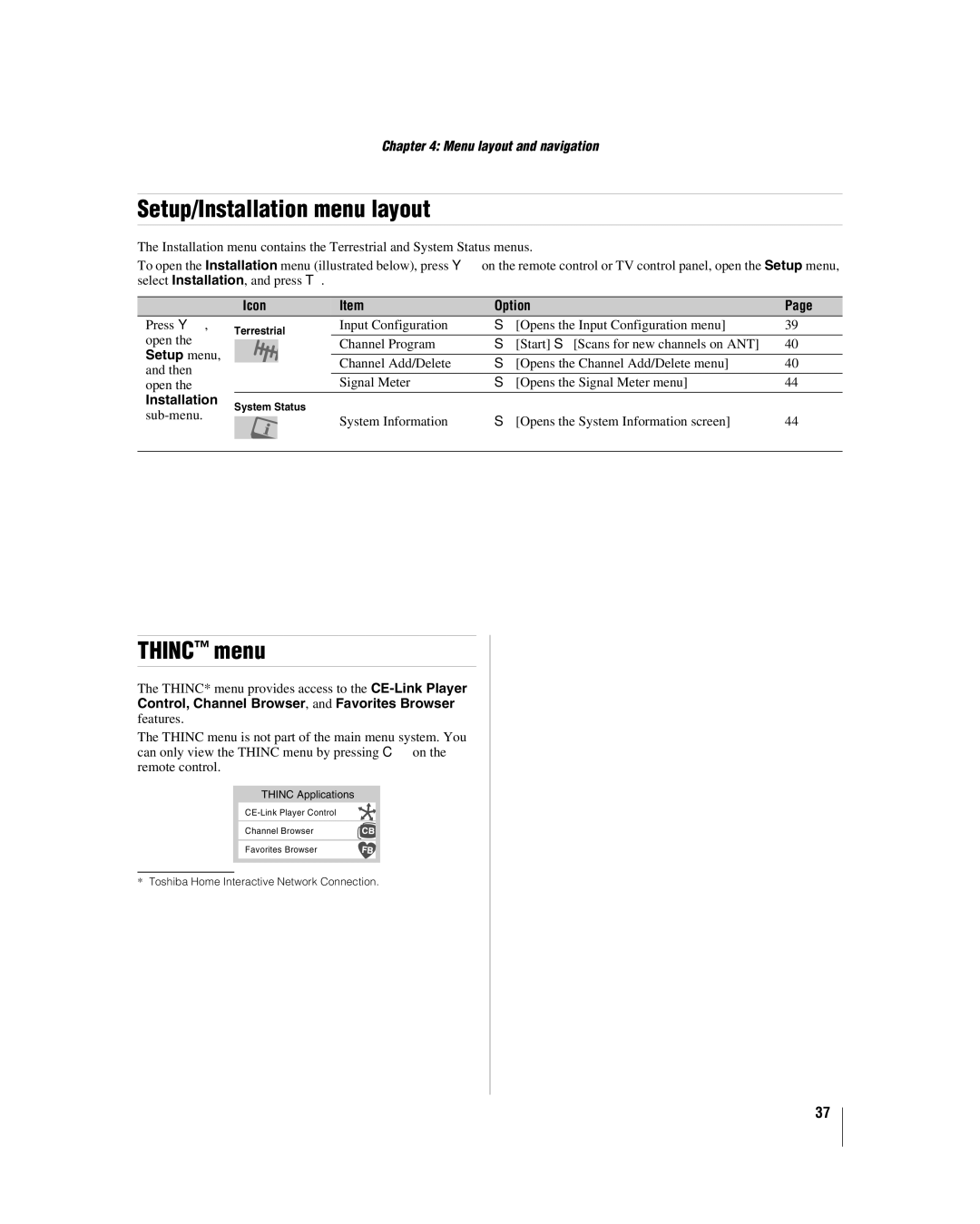 Toshiba 47HL167, 42hl167, 52HL167 manual Setup/Installation menu layout, Thinc menu, Press Y, Setup menu 